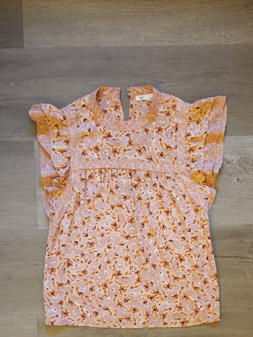 DR2 Pink and Orange Floral Eyelet Flutter-Sleeve Blouse